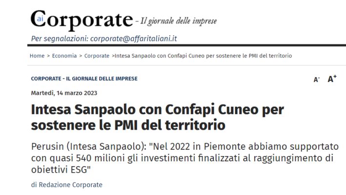 Intesa Sanpaolo e Confapi Cuneo per sostenere le PMI del territorio