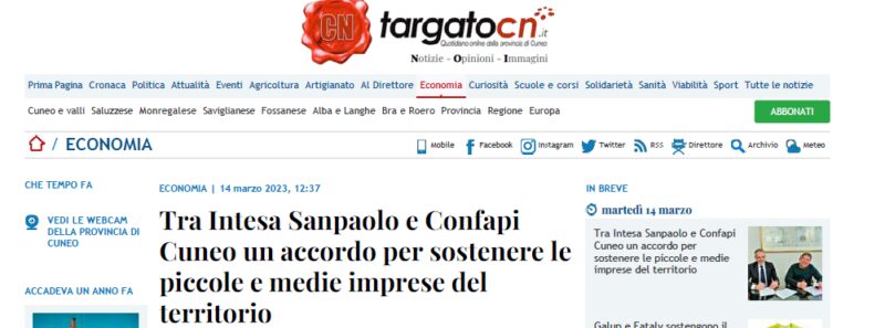Tra Intesa Sanpaolo e Confapi Cuneo un accordo per sostenere le piccole e medie imprese del territorio
